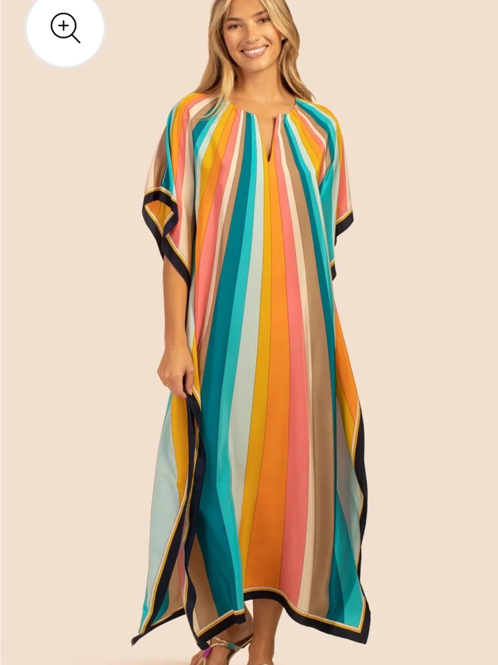 Trina Turk Multicolor Rainbow Stripe Silk Theodora Maxi Caftan Dress Size XS/S